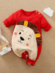 Lion Printed Long-sleeved Cotton Bodysuit with 3D Ears