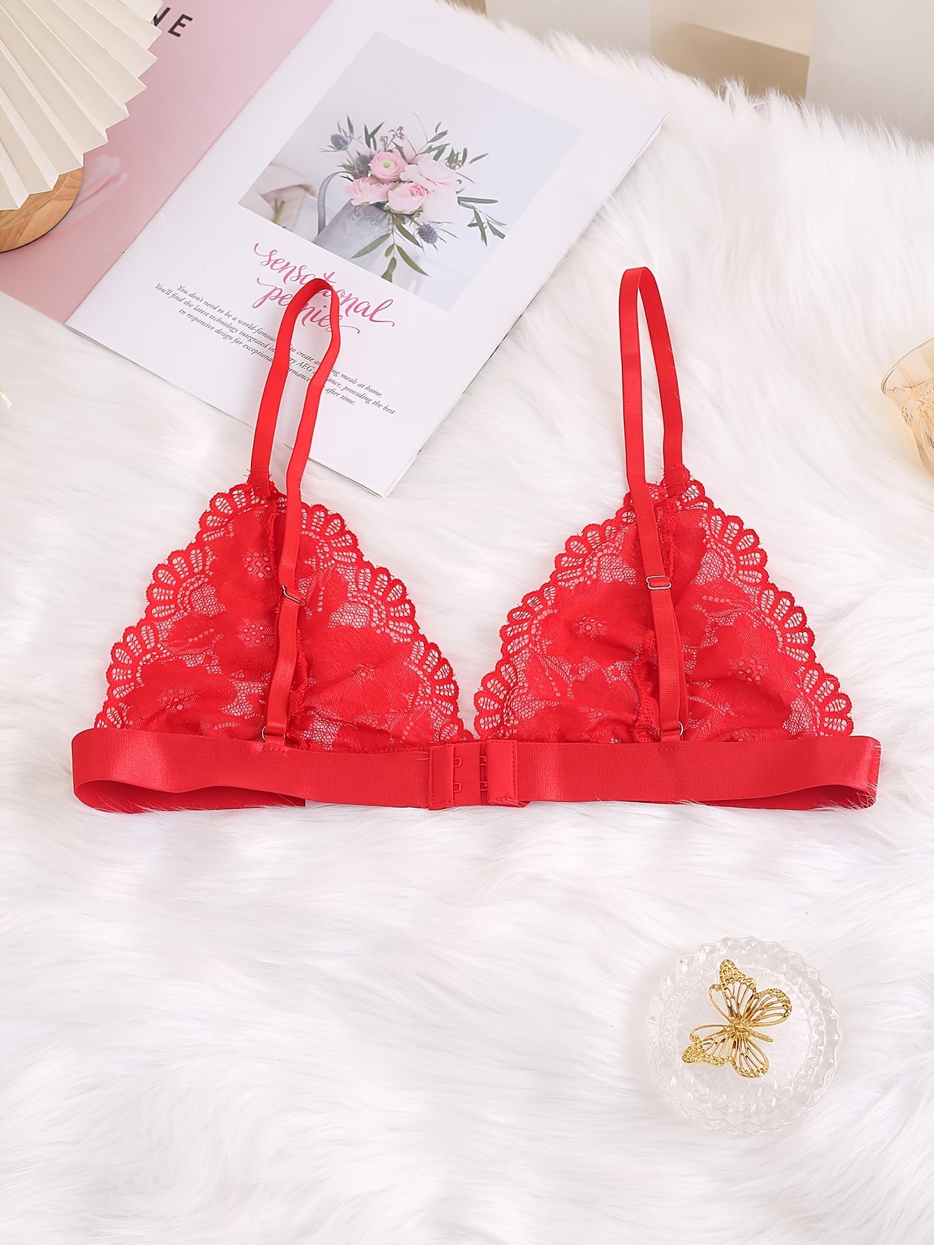 Floral Lace Scalloped Trim Bow Knot Triangle Bra Plus Size