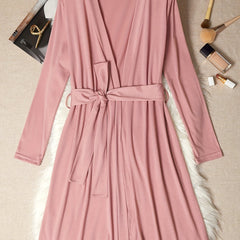 Women's Solid Night Robe Long Sleeve V Neck With Belt