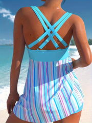 Striped Tankini Set Ruched Crisscross Back Top & Shorts
