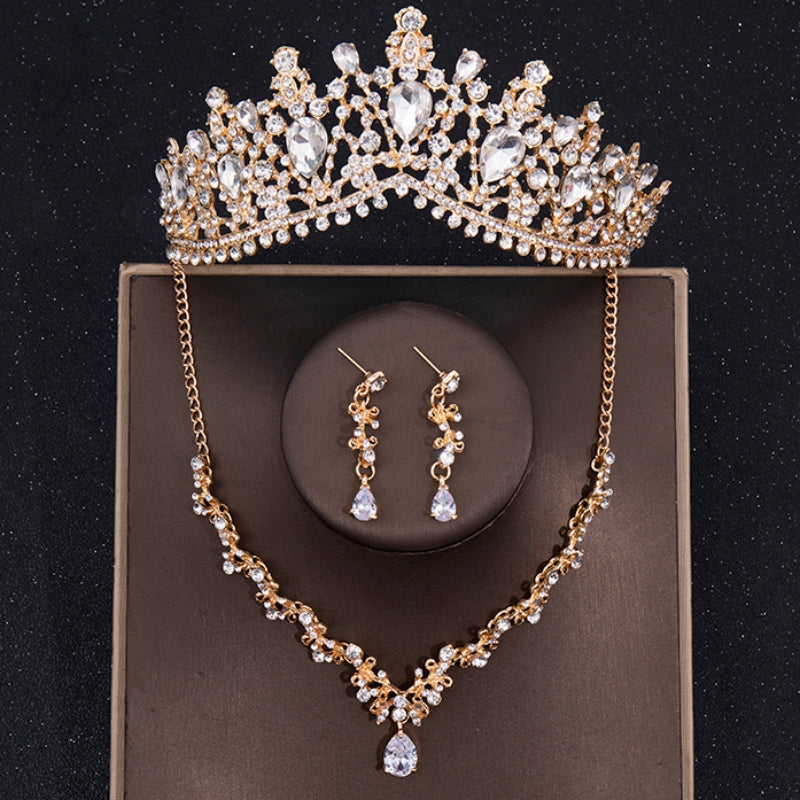 Baroque Crystal Crown Tiara Necklace Earrings Set For Women