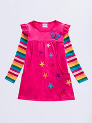Long Sleeve Star Butterfly Embroidered Rainbow Sleeve Dress