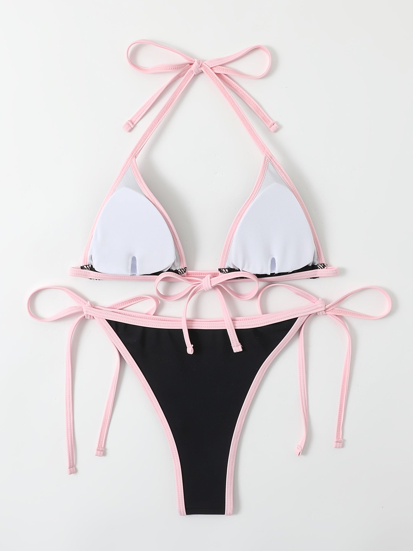 Pink Triangle Halter Neck Two Piece Bikini Sets