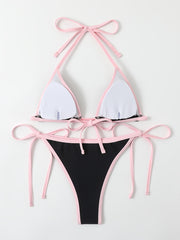 Pink Triangle Halter Neck Two Piece Bikini Sets