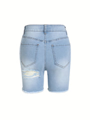 Casual Denim Shorts Women's Washed Ripped Fringe Trim Shorts