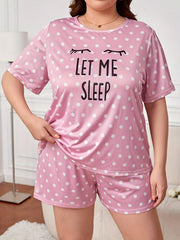 Polka Dot & Slogan Pajama Set Short Sleeve Tee & Shorts Loungewear