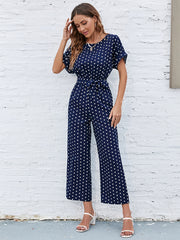 Polka Dot Round Neck Short Sleeve High Waist Jumpsuit