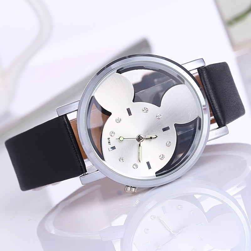 Girls Hollow Out Mouse Quartz Watch Faux Leather Band Holiday Birthday Gift