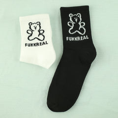2 Pairs Cartoon Bear Print Socks Women's Comfy & Mid Tube Stockings