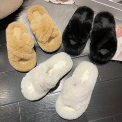 Women's Cross Straps Plush Slippers Open Toe Cozy Indoor Shoes