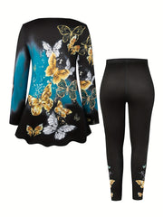 Women's Plus Butterfly Print Top & Leggings 2 Piece Set