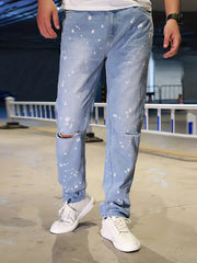 Splatter Pattern Ripped Jeans Men's Casual Street Style Denim Pants