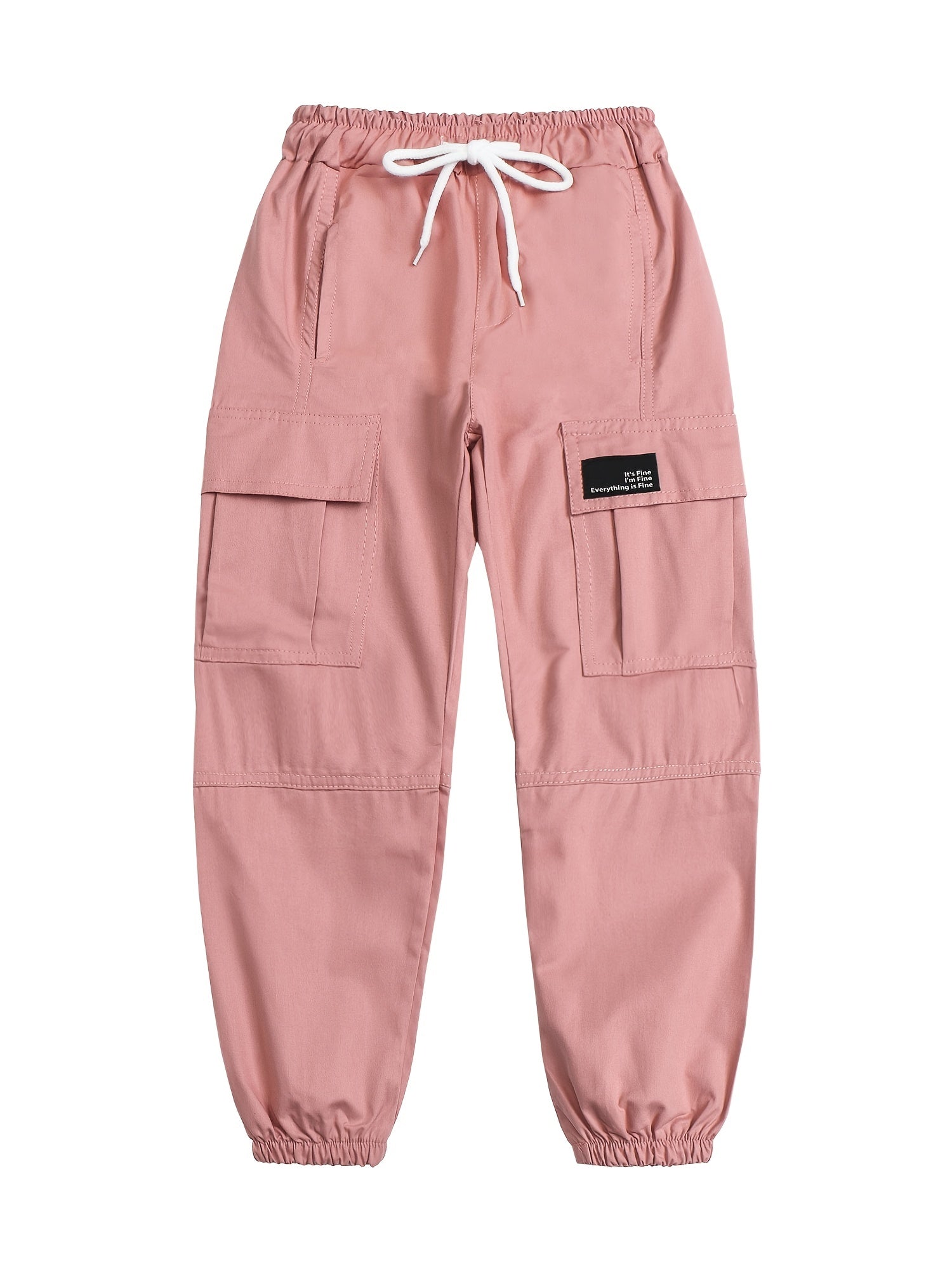 Girls Cargo Pants Elastic Waist Drawstring Loose Tapered Pockets Jogger Pants