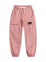 Girls Cargo Pants Elastic Waist Drawstring Loose Tapered Pockets Jogger Pants