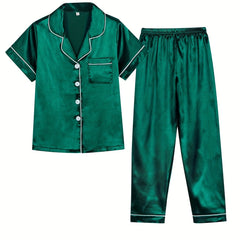 Kid's 2pcs Soft Pajamas Short Sleeve Top & Pants Set Solid Loungewear