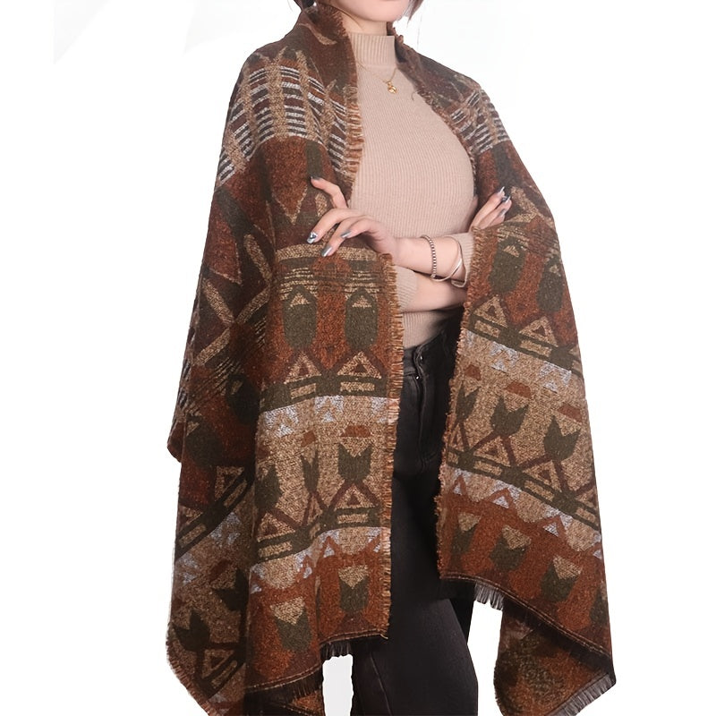 Vintage Geometric Print Thickened Scarf Bohemian Shawl Frayed Edge Cape