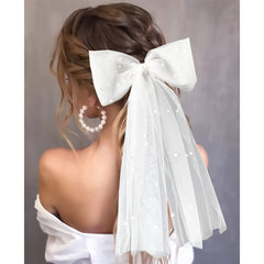 Bridal Hair Clip Pearl Bow Tulle Hairpin