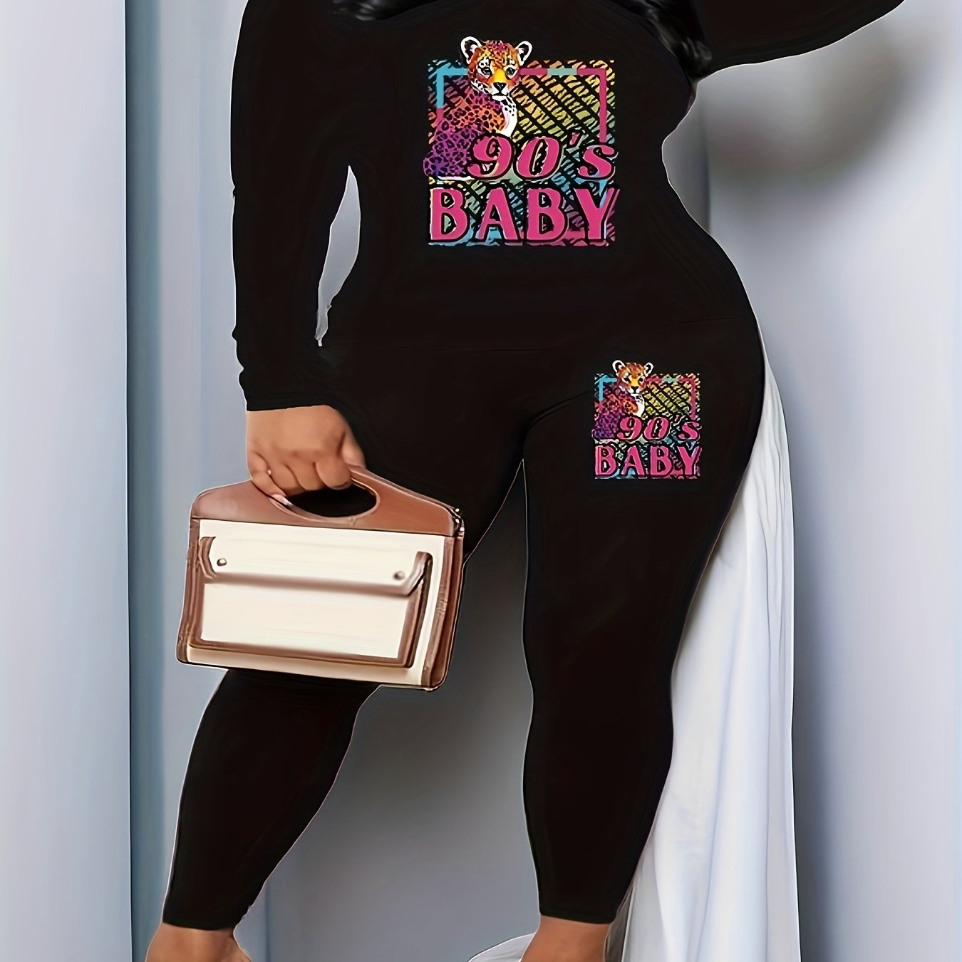 Women's Animal Print Long Sleeve V Neck Top & Leggings Outfit Set