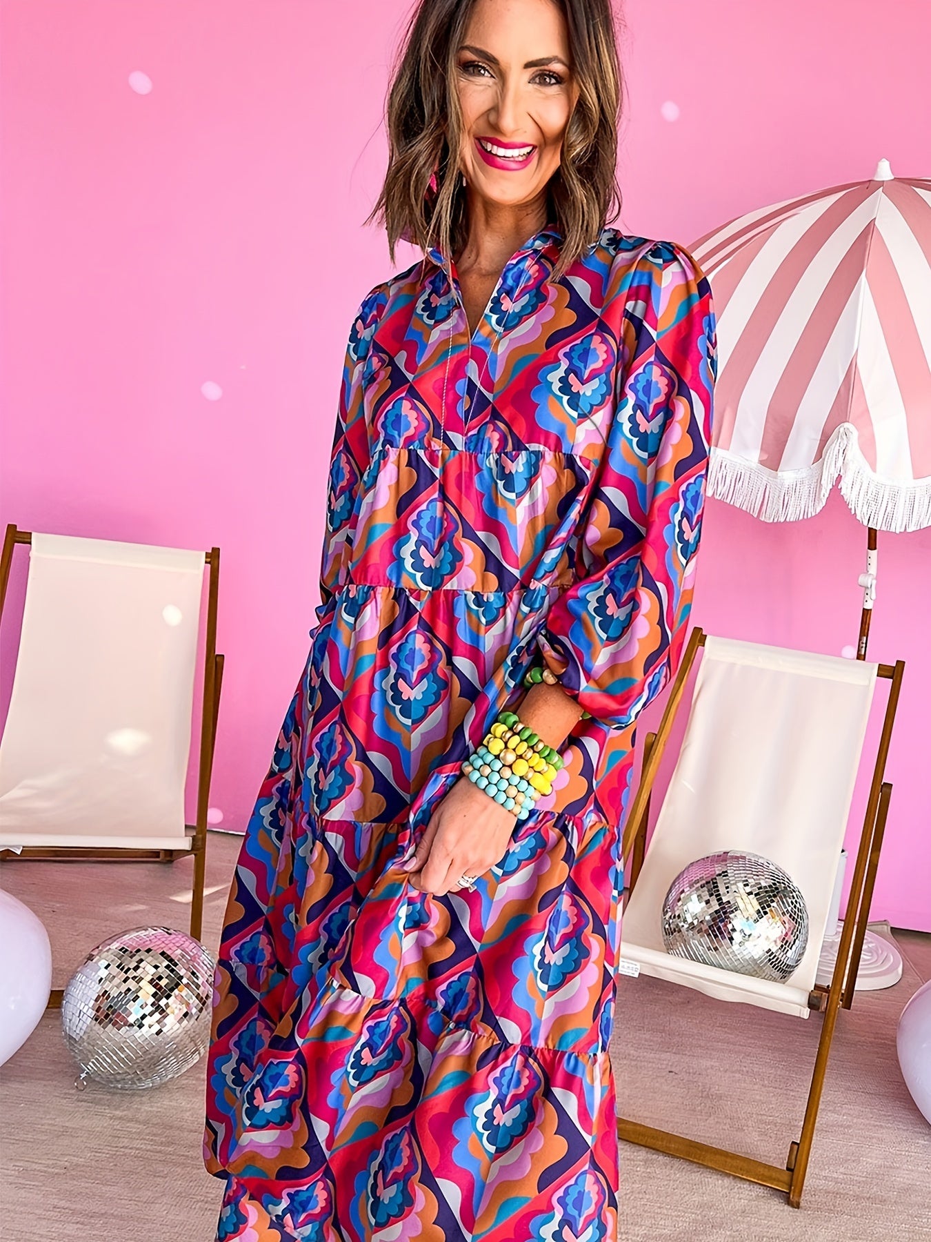 Women's Plus Geometric Print Long Sleeve V Neck Maxi Dress