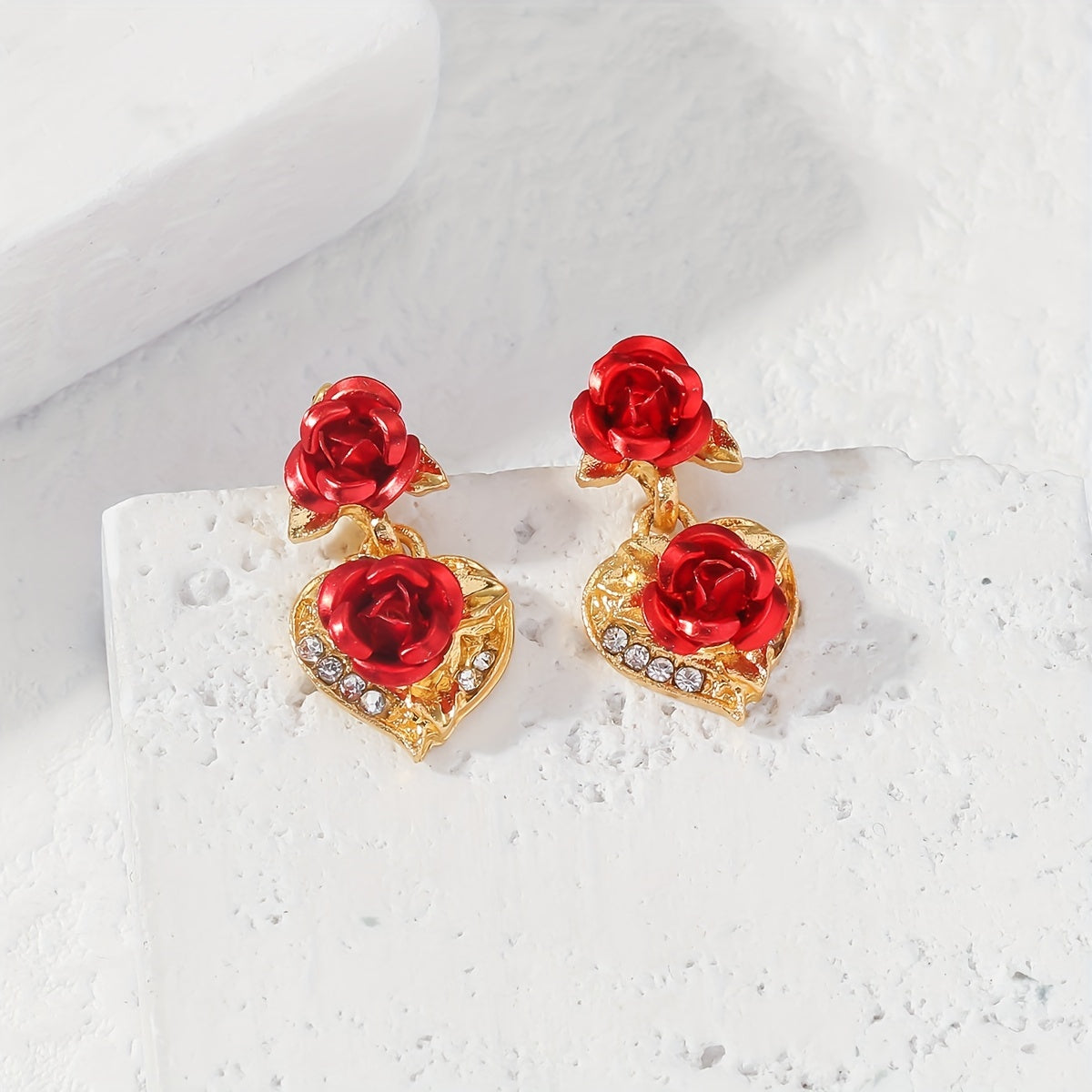 Heart Rose Flower Stud Earrings Rhinestone Decor