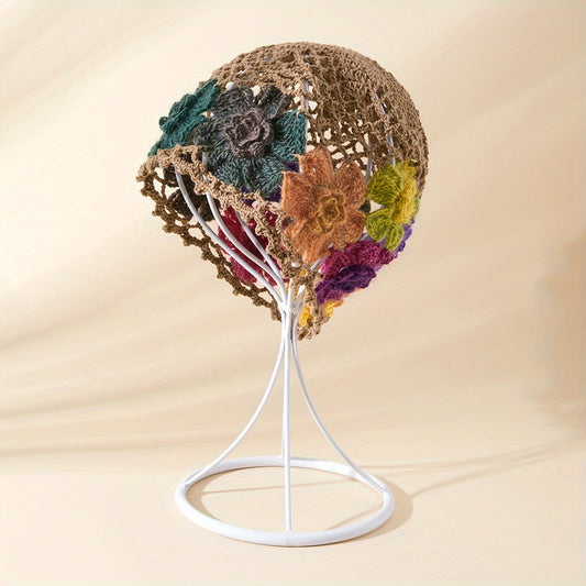 Vintage Flower Decor Crochet Beanie Boho Cloche Hat for Women