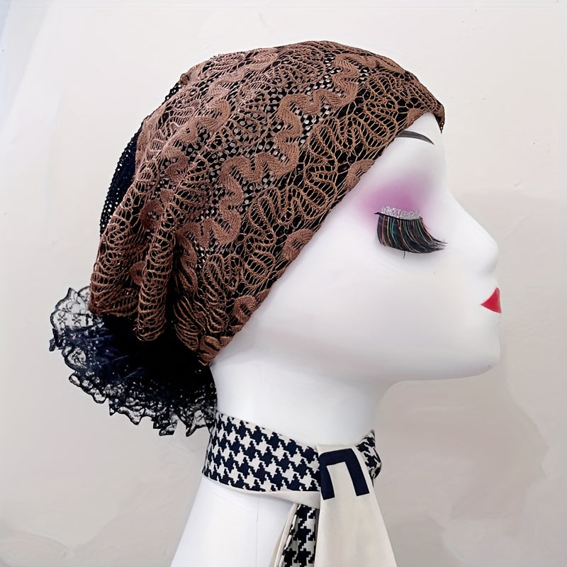 Lace Embroidery Mesh Turban Cap Women Head Wrap Elastic Beanie