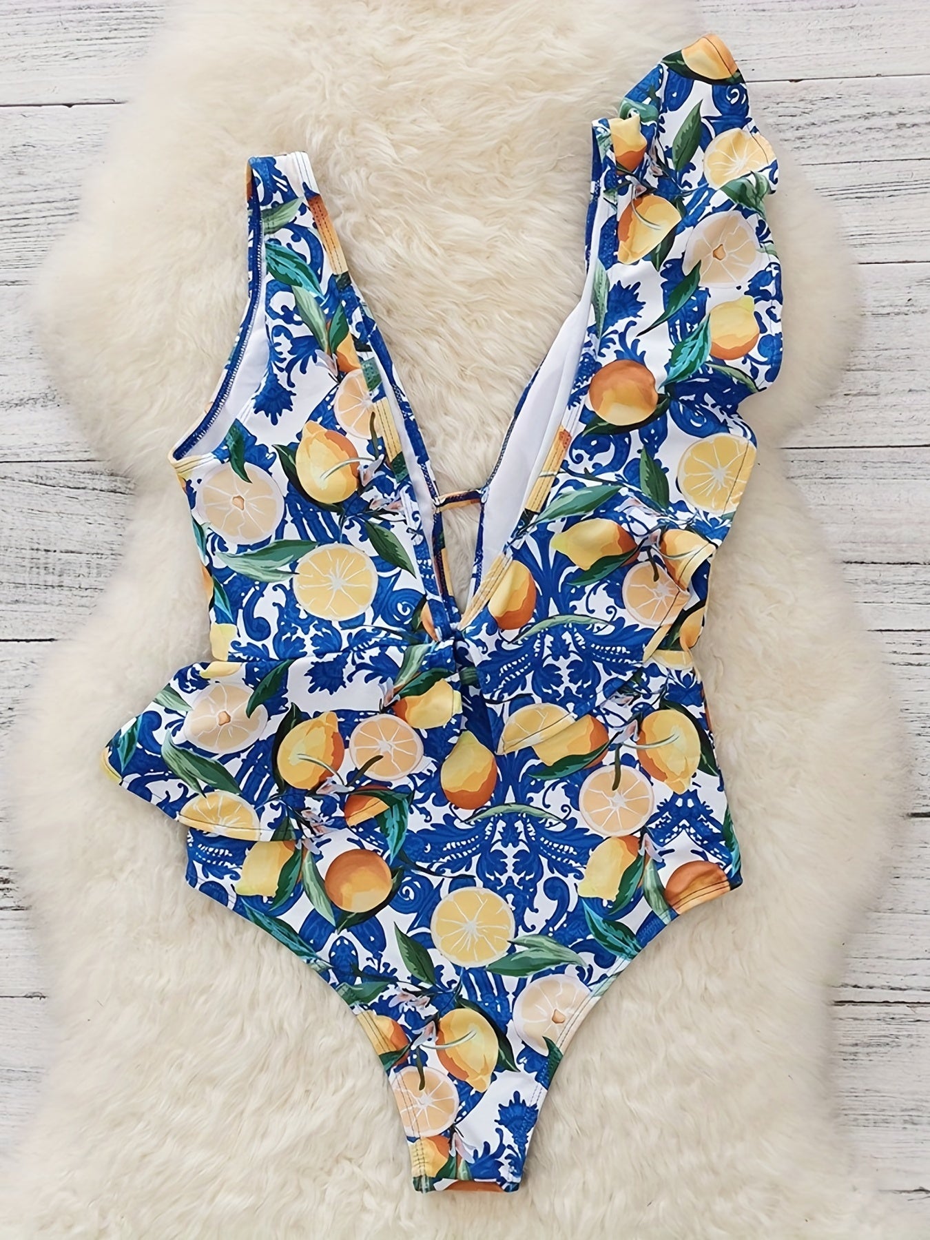 Lemon Print Ruffle Trim One Piece Swimsuit Deep V Neck Bathing Suit