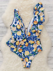 Lemon Print Ruffle Trim One Piece Swimsuit Deep V Neck Bathing Suit