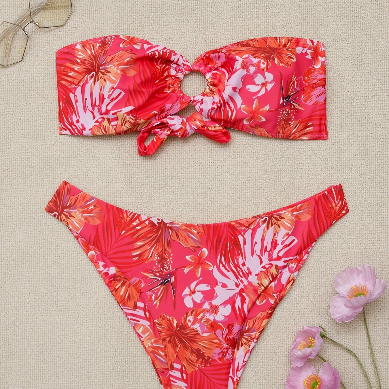 Tropical Floral Print Bikini Set Bandeau Swimsuit