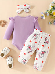 3pcs Baby Girl Elephant Long Sleeve Triangle Jumpsuit Bow Knot Trousers Set