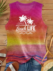 Beach & Letter Print Tank Top Sleeveless Casual Crew Neck Tank Top
