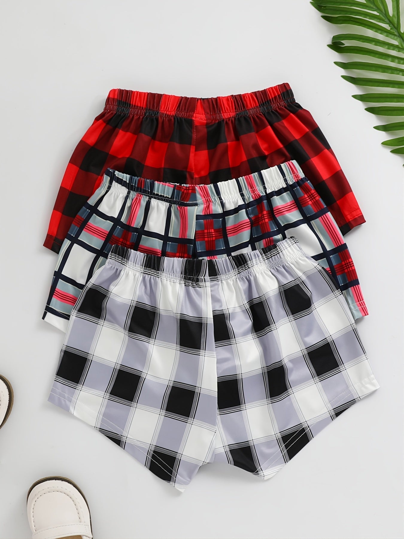 3pcs Kids Red Plaid Bowknot Shorts Elastic Waist