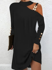 Plus Solid Metal Decor One Shoulder Dress