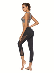 Mesh Lace Trim Skinny Cropped Pants Sports Fitness Yoga Leggings