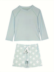2 Pcs Star Pattern Swimsuit Boys Long Sleeve Top & Swim Trunks Set