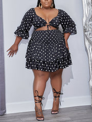 Polka Dot Ruffle Trim Crop Top & Shirred Waist Set