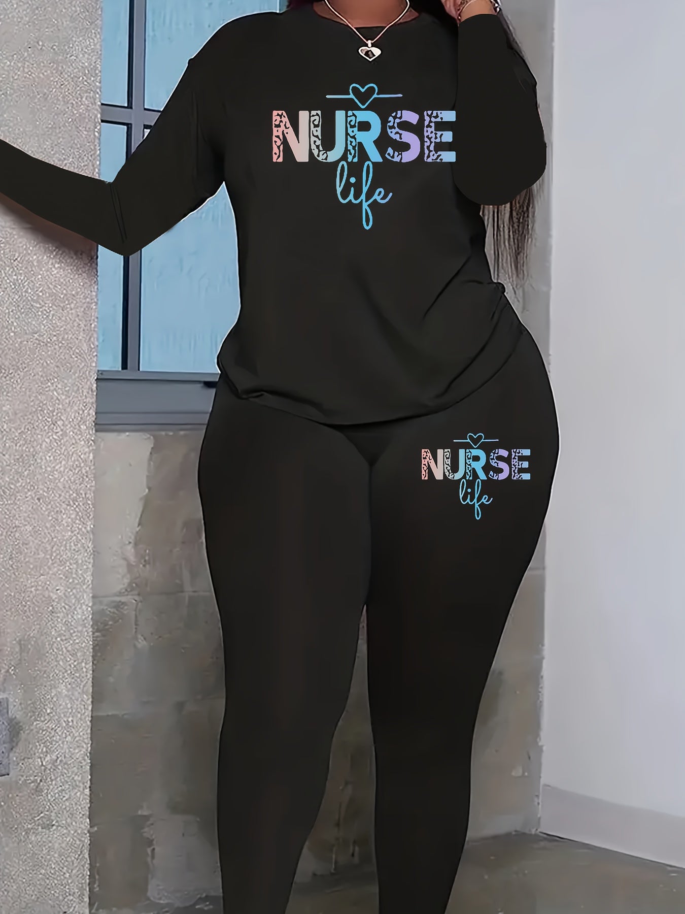 Women's Plus Ombre Letter Graphic Tee & Leggings Outfit Set