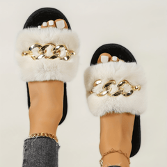 Women's Chain Decor Slippers Round Open Toe Slip On Shoes Plush Comfortable