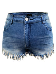 Denim Shorts Women's Solid Fringe Trim High Rise Button Fly Pocketed