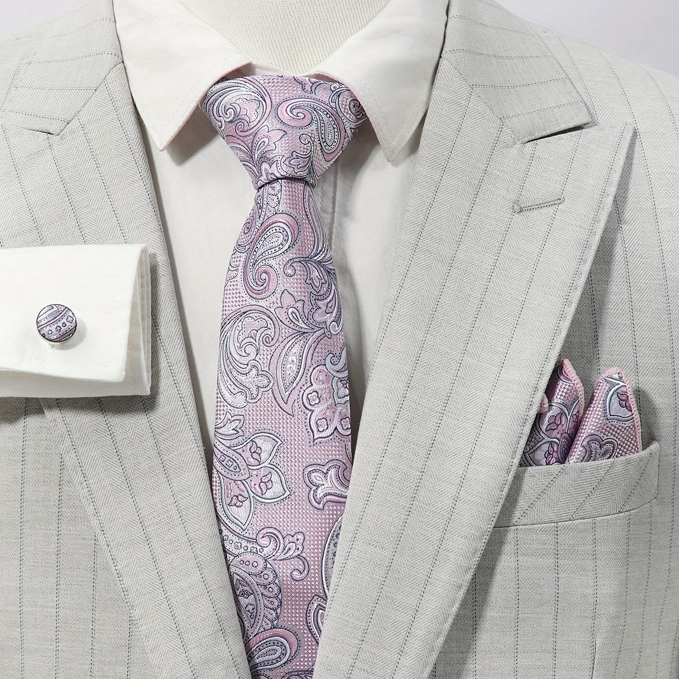 Purple Paisley Jacquard Tie Set & Lapel Pin Brooch & Handkerchief