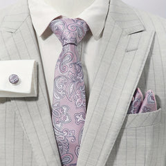 Purple Paisley Jacquard Tie Set & Lapel Pin Brooch & Handkerchief
