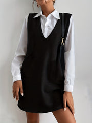 Solid Button Up Shirt & Sleeveless Sweater Dress Set