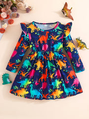 Girls' Tie Dye Dinosaur Allover Print Ruffle Long Sleeve Casual Dress