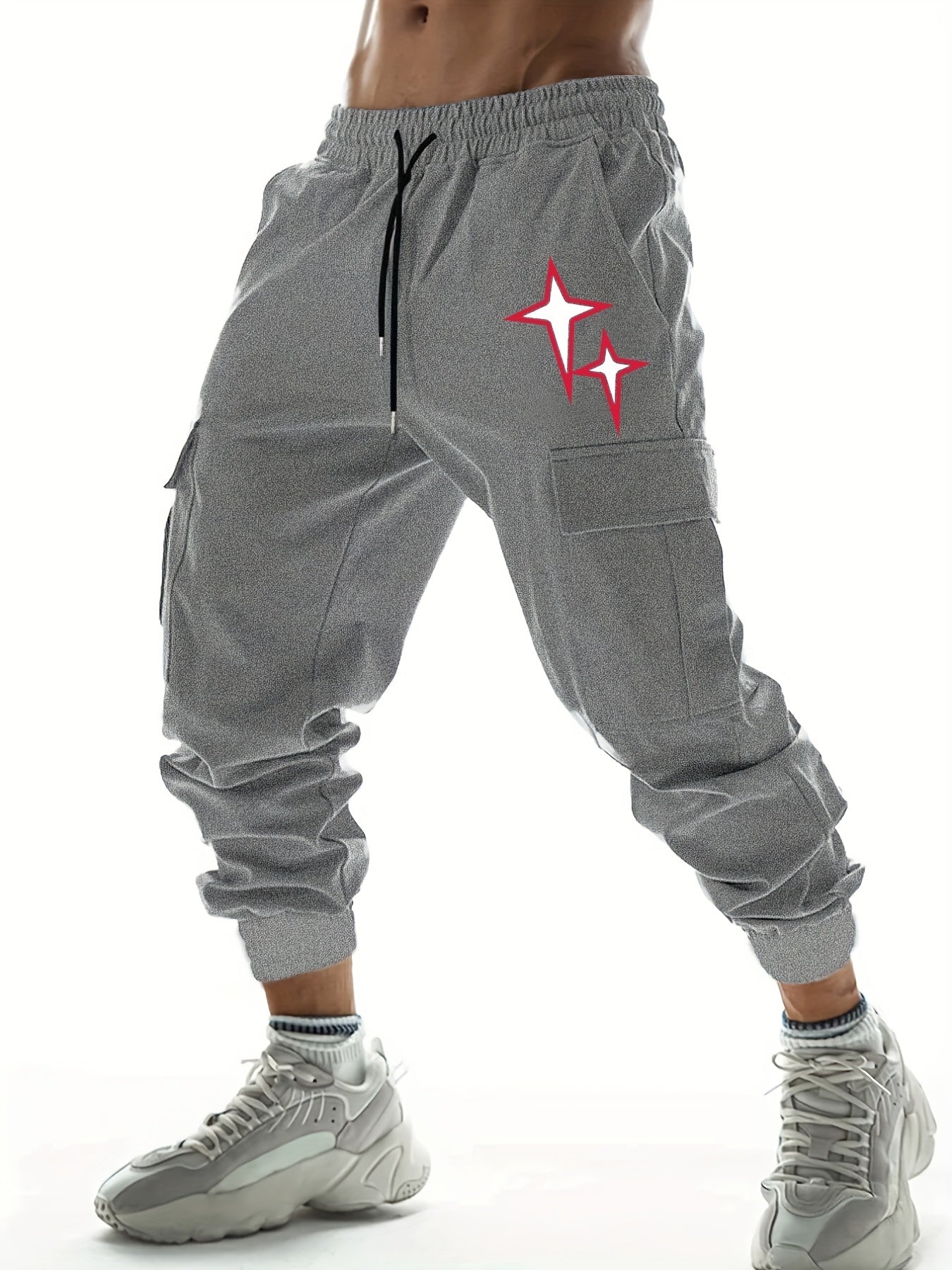 Stars Print Men's Drawstring Cargo Pants Flap Pocket Casual Comfy Jogger Pants