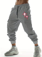 Stars Print Men's Drawstring Cargo Pants Flap Pocket Casual Comfy Jogger Pants