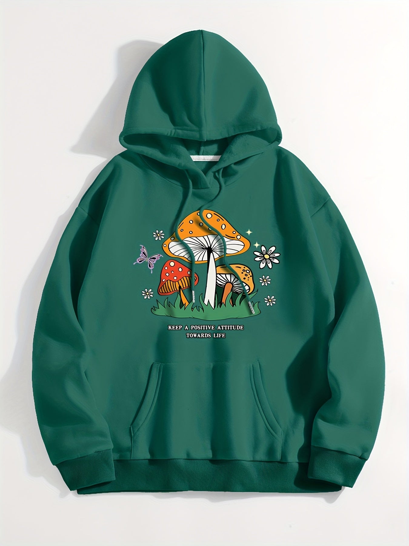 Mushroom Print Kangaroo Pocket Hoodie Sweatshirt Women's Clothing