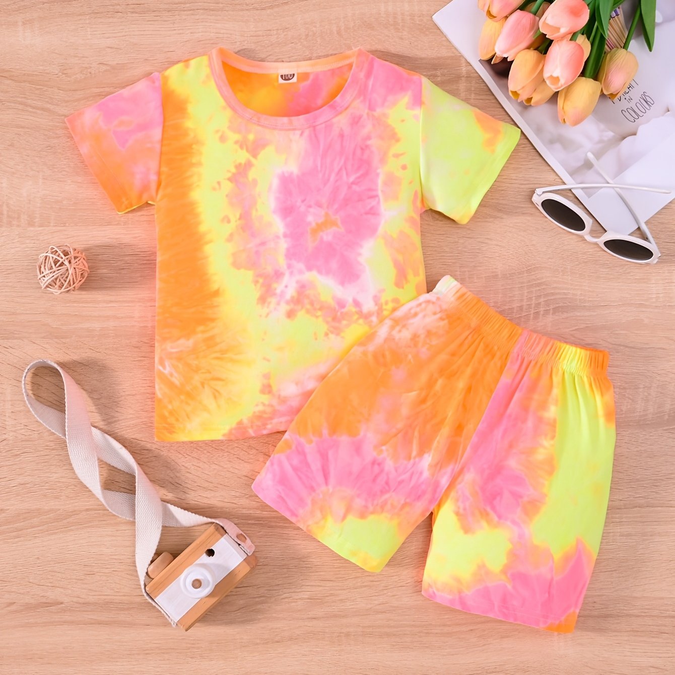 2pcs Girls Round Neck T Shirts Tie Dye Shorts Set Kids Summer Clothes