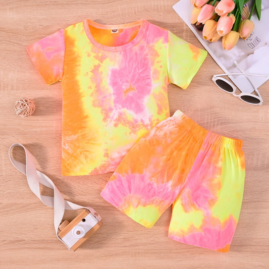 2pcs Girls Round Neck T Shirts Tie Dye Shorts Set Kids Summer Clothes