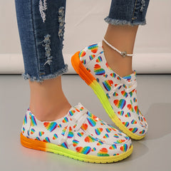 Women's Rainbow Heart Print Canvas Shoes Casual Lace Up Outdoor Shoes