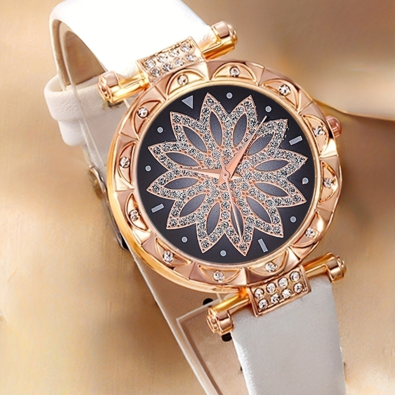 Student Flower Plate Rhinestone Quartz Watch And 5pcs Jewelry Set